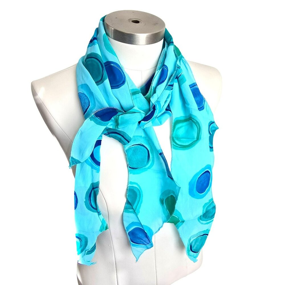 Blue Green Scarf Colorful Polka Dot Multi End Tie Scalloped Edges JJ3796